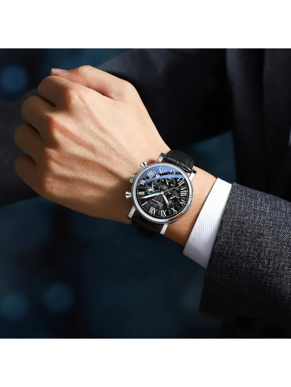 Men's Silver And Black Leather Multifunctional Military Analog Chronograph Watch